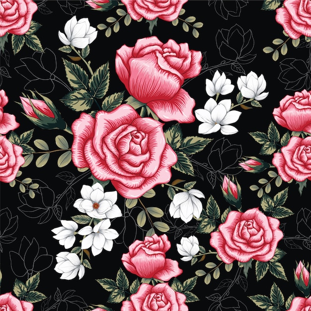 Seamless pattern pink rose flowers background.