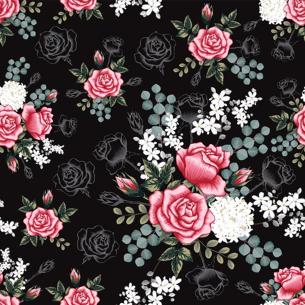 Seamless pattern pink Rose flowers background.