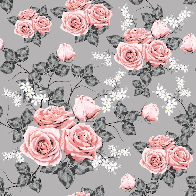 Seamless pattern pink rose vintage flowers background