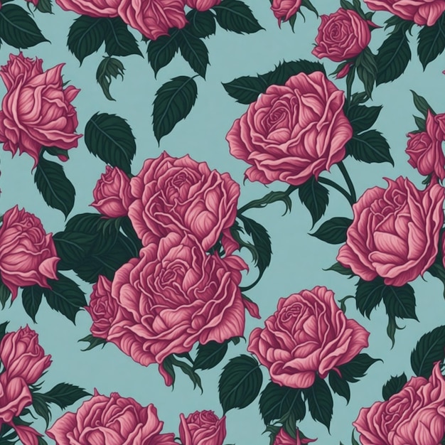 A seamless pattern of pink roses with leaves on a blue background.