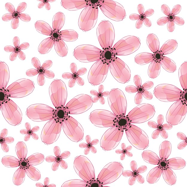 Vector seamless pattern pink wild flowers.