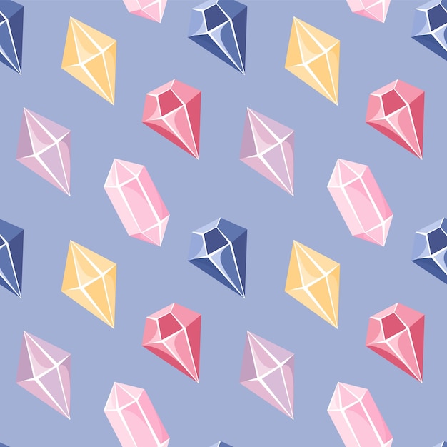 Seamless pattern of pink yellow and blue crystals in flat cartoon style