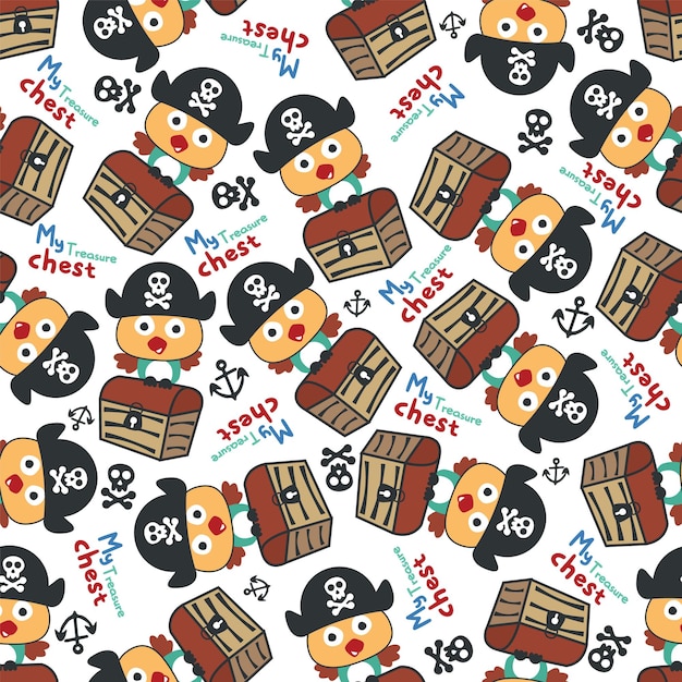 Seamless pattern of pirate bird has found the treasure in cartoon style