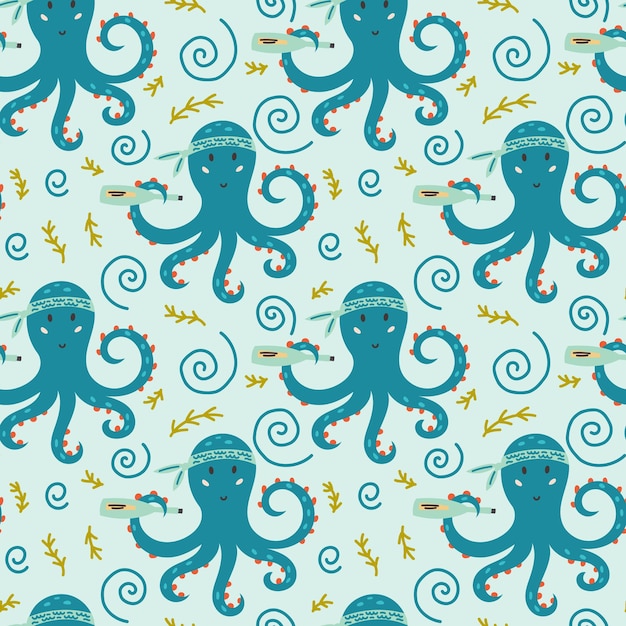 Seamless pattern pirate octopus seaweed underwater sea life doodle hand drawn nursery baby scandinavian style kids digital textile fabric paper