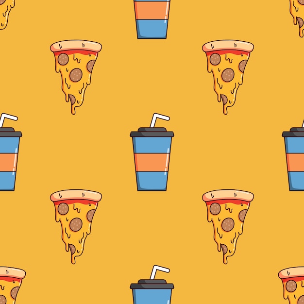 Seamless pattern of pizza slice and soda paper cup with doodle style