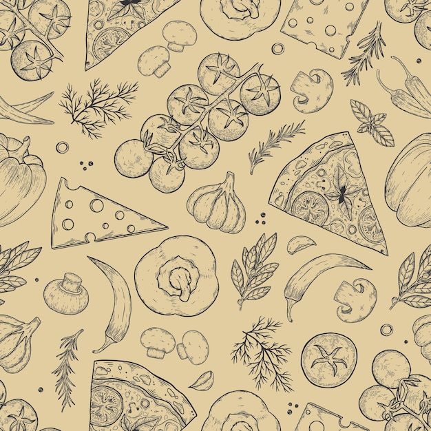 Seamless pattern pizza with cheese tomato garlic basil olive pepper mushroom