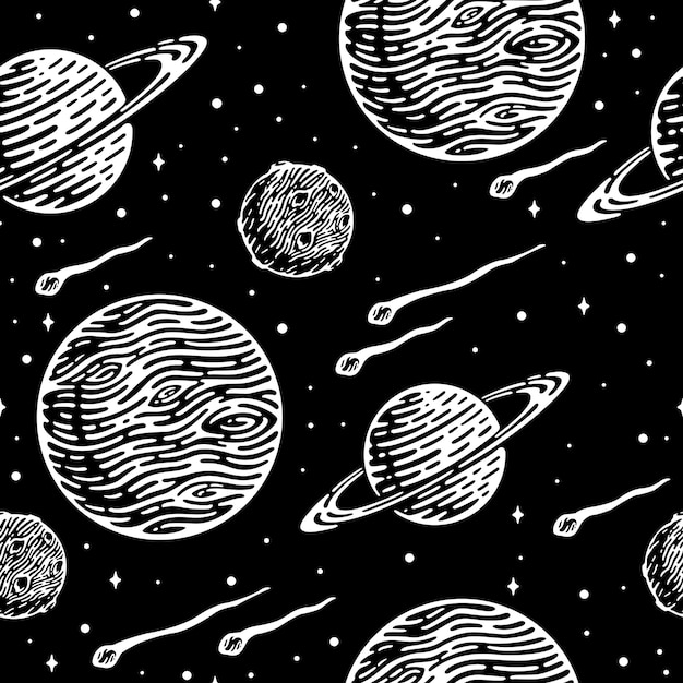 Vector seamless pattern of planets in doodle vintage design