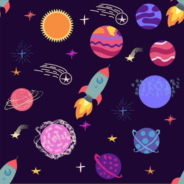 Seamless pattern of planets rockets and stars Cartoon planet