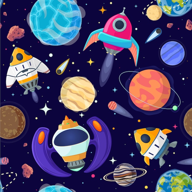 Seamless pattern of planets and spaceships in open space. 