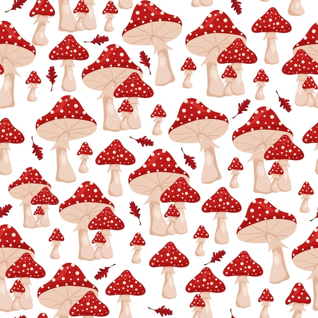 Seamless pattern of poisonous fly agarics and red leaves white background