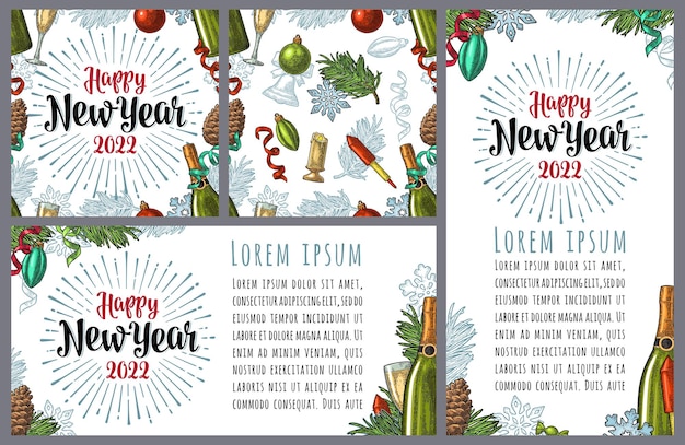 Seamless pattern and posters with Happy New Year 2018 lettering with salute Vector vintage engrave