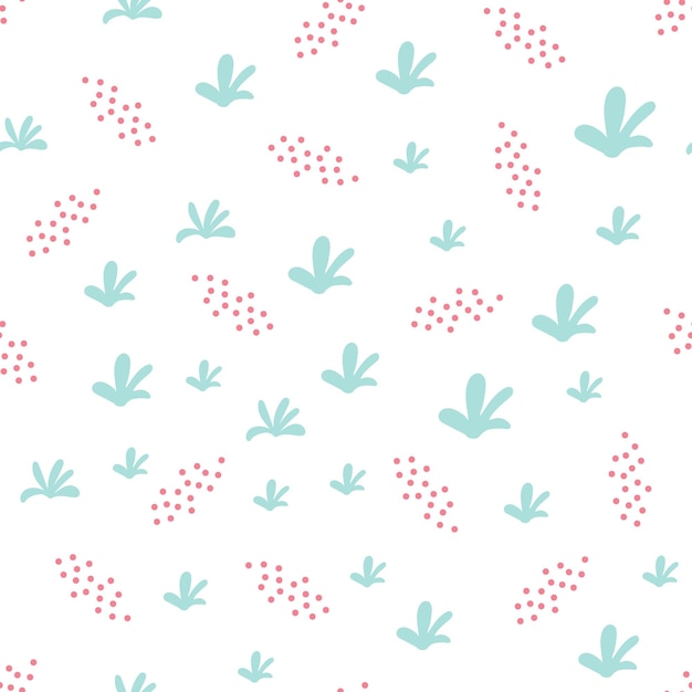 Seamless pattern of primitive simple elements leaves plants dots