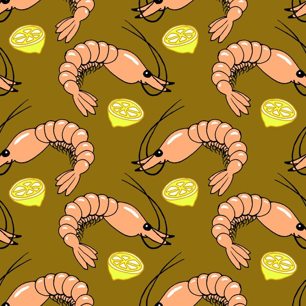 Seamless pattern print drawn sea shrimps and lemon slices pastel colors