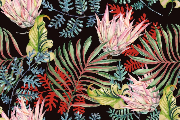 Seamless pattern of proteabotanical and palm leaf painted in watercolor for fabric and wallpaper