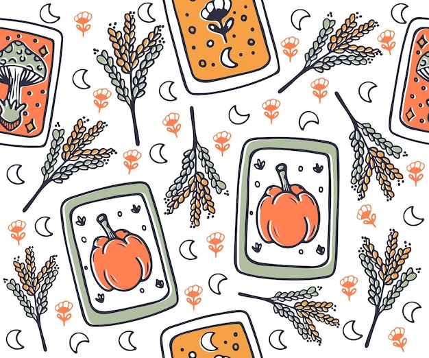 Seamless pattern pumpkin letters and drawings with lavender and flowers great for print