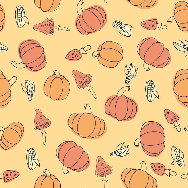 Seamless pattern of pumpkin and other vegetables Pumpkin carrot radish beet Vegetable print A pattern of simple elements Vector illustration