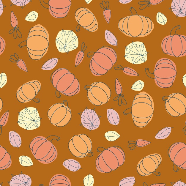 Seamless pattern of pumpkins and autumn leaves Autumn Vegetable print A pattern of simple elements Vector illustration