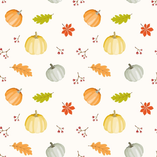 Seamless pattern of pumpkins and 
leaves in warm  colours. Vector illustration, background.