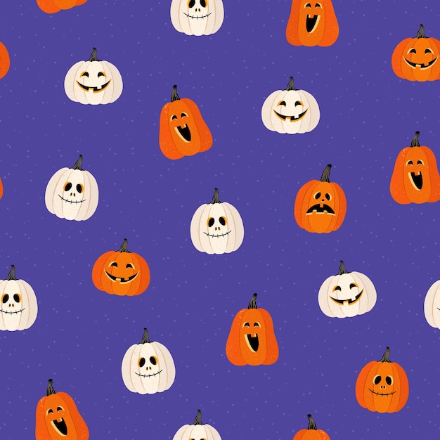 Vector seamless pattern on a purple background. orange and white pumpkins. frightening grimaces. different emotions. halloween. vector illustration in a flat style. for wrapping paper, textiles, design