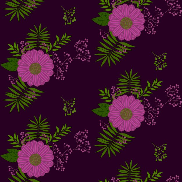 Seamless pattern of purple flowers and leaves vector illustration