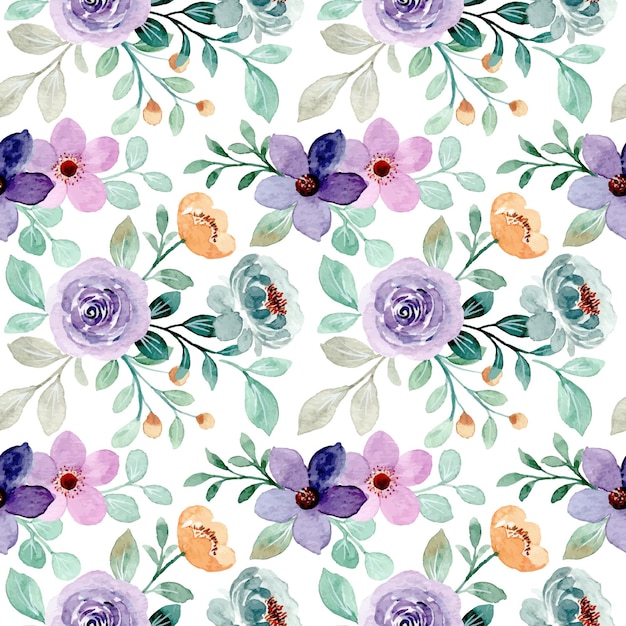 Seamless pattern of purple green floral with watercolor