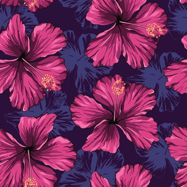 Seamless pattern of purple hibiscus flowers for fabric pattern design.Purple floral background vecto