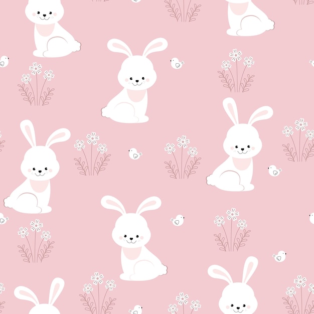 Vector seamless pattern rabbit bird and flowers bunny pink