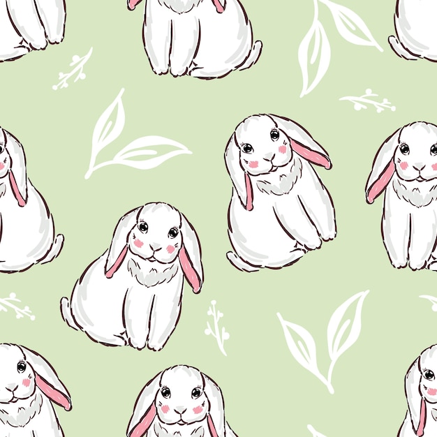 Seamless pattern rabbit Hand drawn bunny print design rabbit on green leaves background Vector Seamless Print Design Textile for Kids Fashion