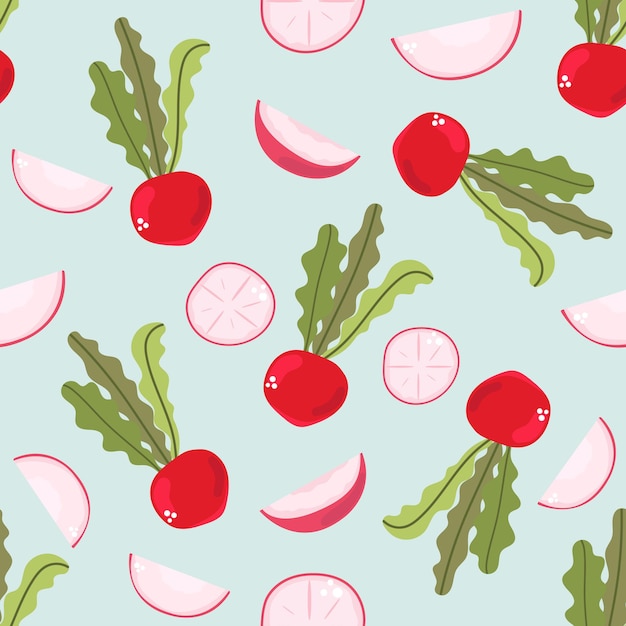 Seamless pattern of radish on blue background Kitchen concept Fresh vegetables