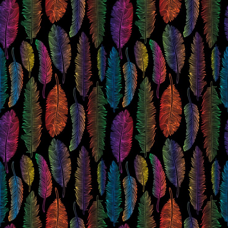 Vector seamless pattern of rainbow feathers tribal style on black.