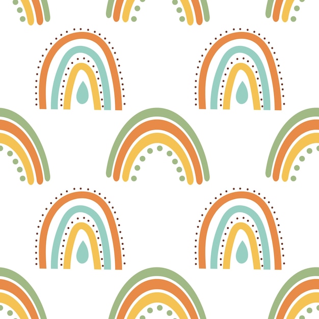 Seamless pattern rainbows clouds and flowers in retro boho style Baby background textile vector