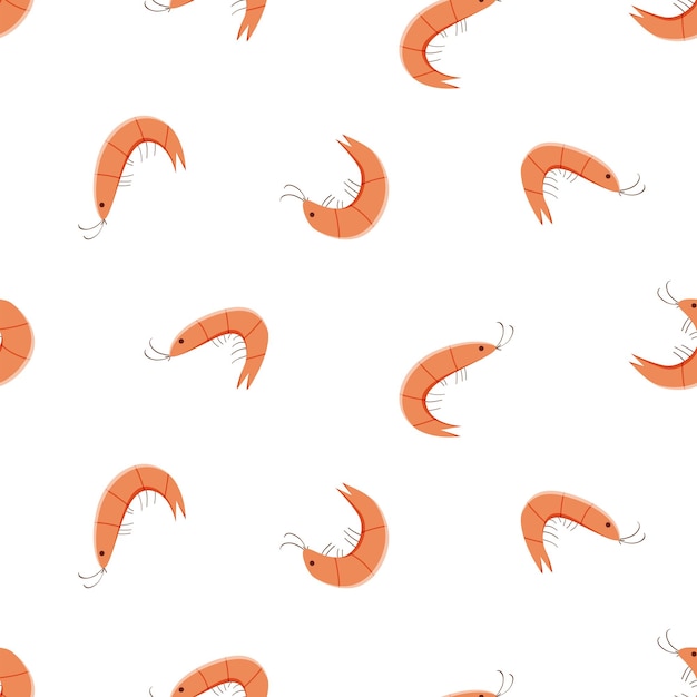 Seamless pattern of randomly arranged curved shrimps Vector illustration of red shrimp seafood wallpaper background