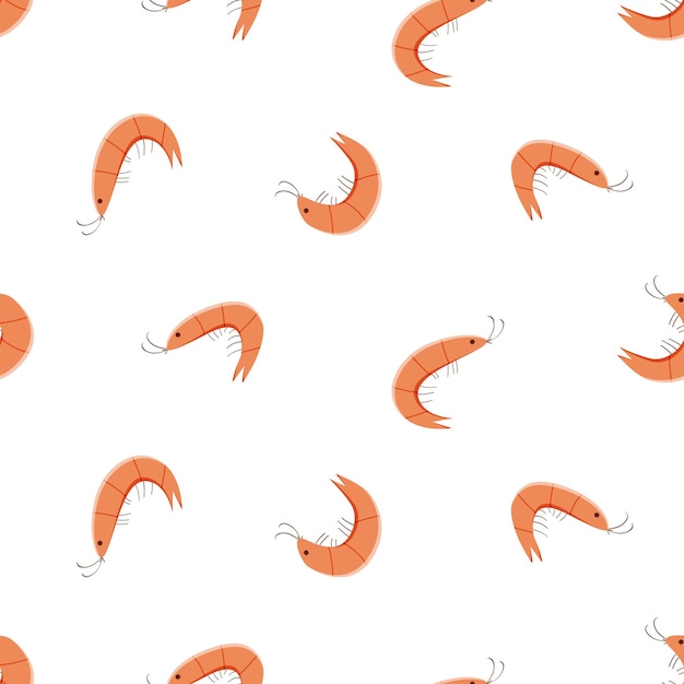 Vector seamless pattern of randomly arranged curved shrimps vector illustration of red shrimp seafood wallpaper background