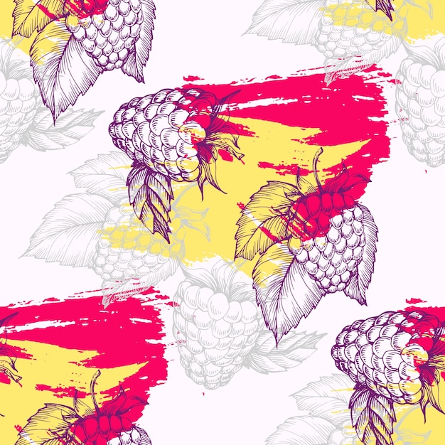 Seamless pattern raspberries and blackberries with abstract elements