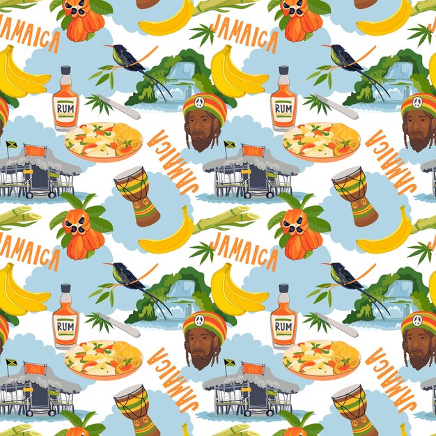 Seamless pattern in rasta colors jamaican vector pattern rum ackee fruit hummingbird waterfall beach bar rastafarian giant drum in flat style on white background