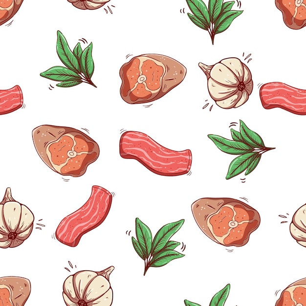 seamless pattern of raw meat bacon and garlic with doodle style