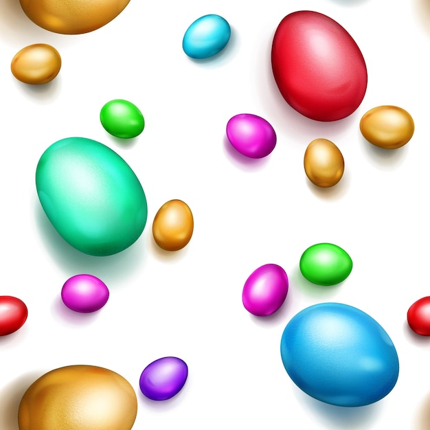 Seamless pattern of realistic colored easter eggs with shadows on white background