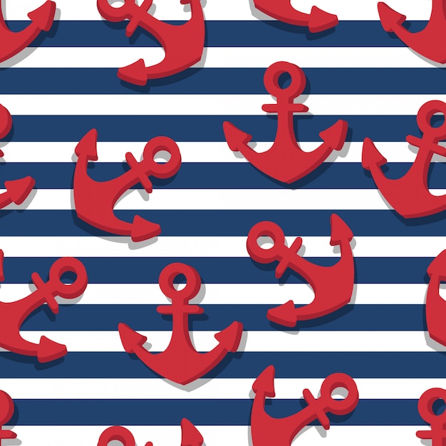 seamless pattern of red anchors and blue navy stripes