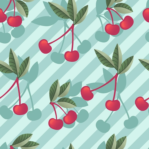 Seamless pattern of red cherry berry on tree branches with green leaves flat vector illustration on blue striped background