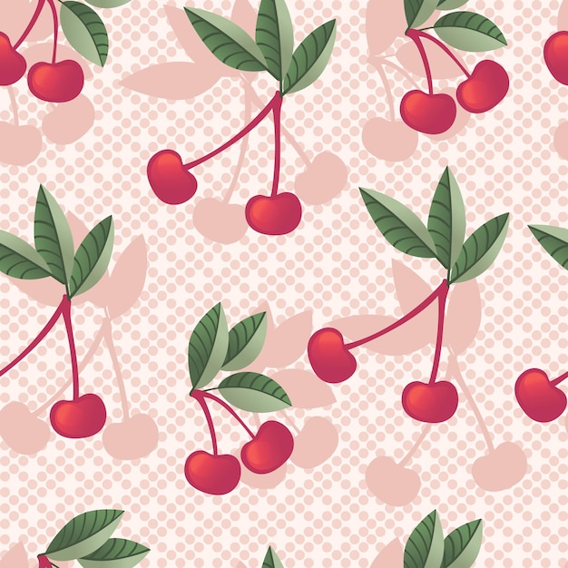 Vector seamless pattern of red cherry berry on tree branches with green leaves flat vector illustration on pink dotted background