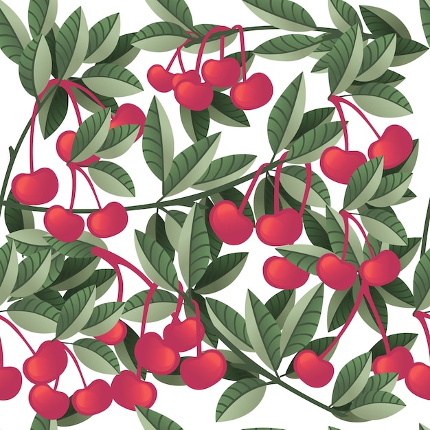 Бесшовный рисунок ягод красной вишни на ветвях деревьев с зелеными листьями плоская векторная иллюстрация на белом фоне