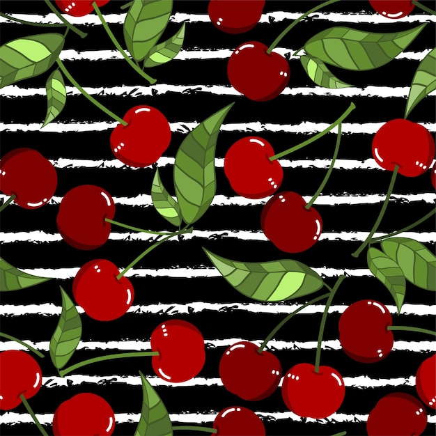 Seamless Pattern of red cherry with leaves, Sweet cherry on black and white background. 