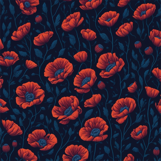 A seamless pattern of red floral with leaves and flowers