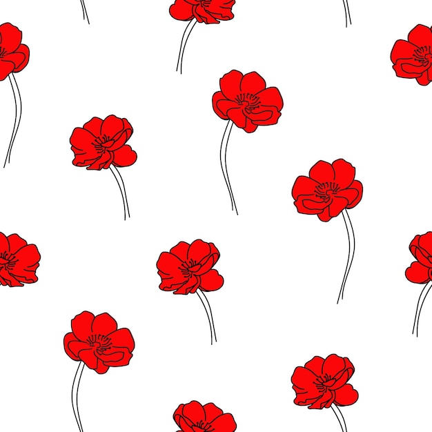 白い背景の上のシームレスなパターンの赤い花