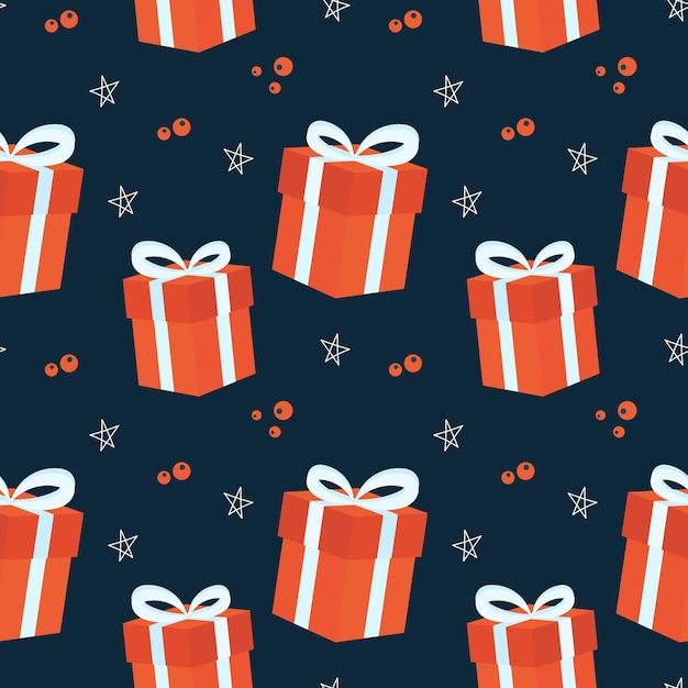 원활한 패턴, 빨간색 선물 상자, 흩어진 딸기 및 파란색 배경에 별. 크리스마스