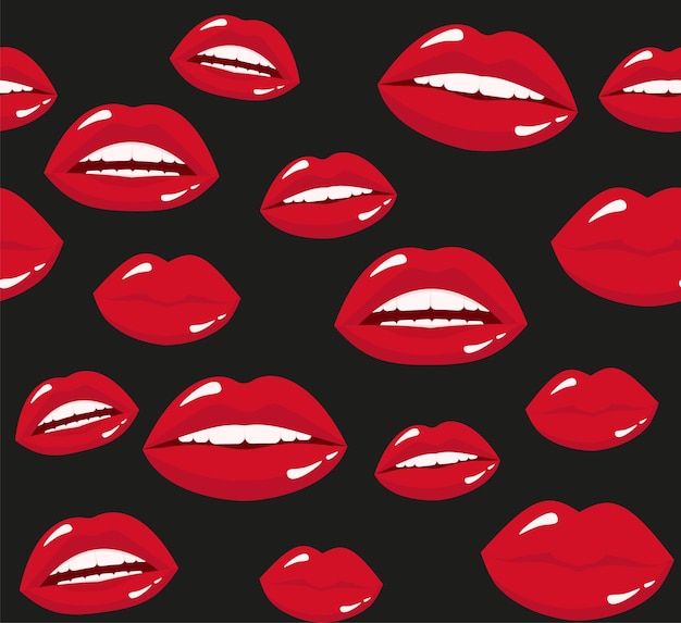 Vector seamless pattern red lipstick kiss on black background vector flat illustration for design printing of the lips