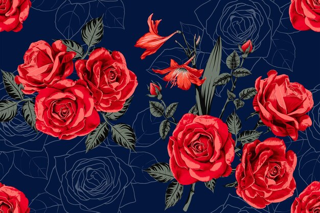 seamless pattern red rose flowers vintage abstract background