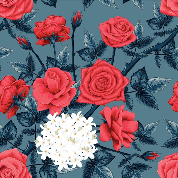 seamless pattern red rose and white flowers