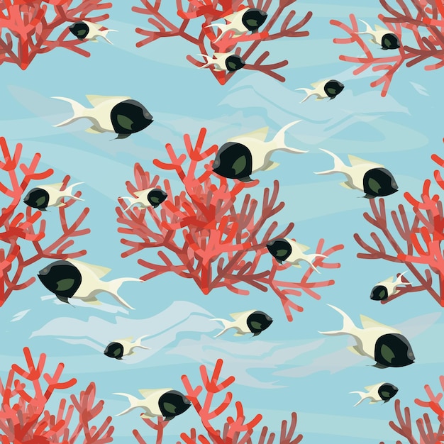 Seamless pattern. red sea corals and tropical fish. underwater world. wildlife seas and oceans