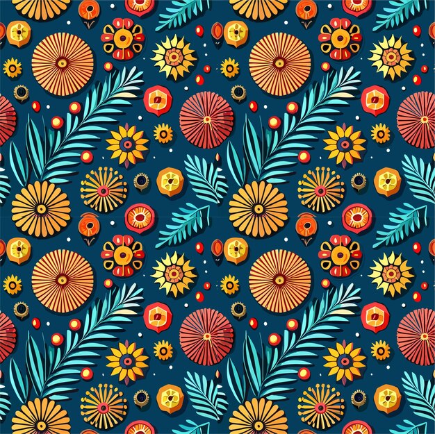 Vector seamless pattern of red and yellow flowers and green leaves in dark background